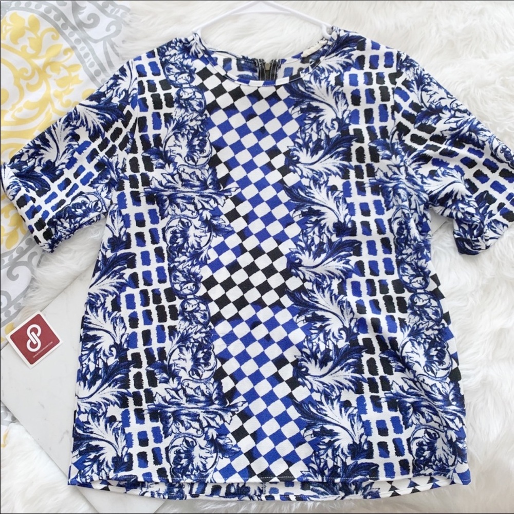 Boutique Blue Pattern Short Sleeve Blouse